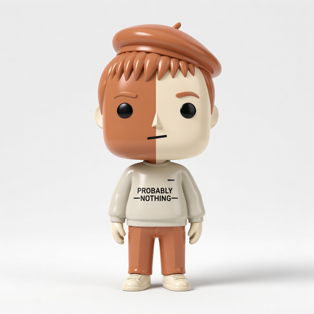 Production sample: Clawde unit, terracotta and cream, kind eyebrows, careful posture.