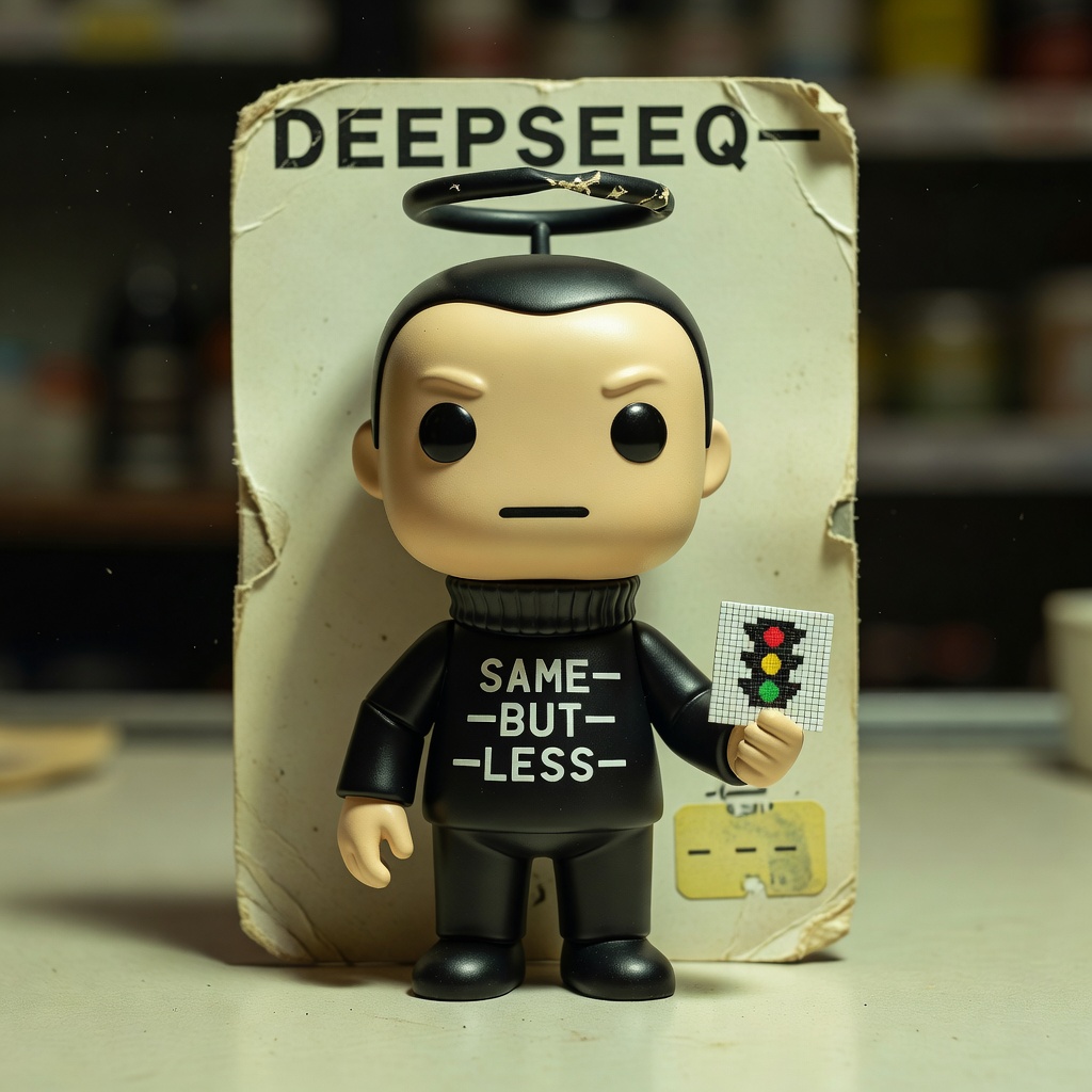 Production sample: DeepSeeq unit stapled to a backing card, price sticker reading dash dash, photographed where he was found.