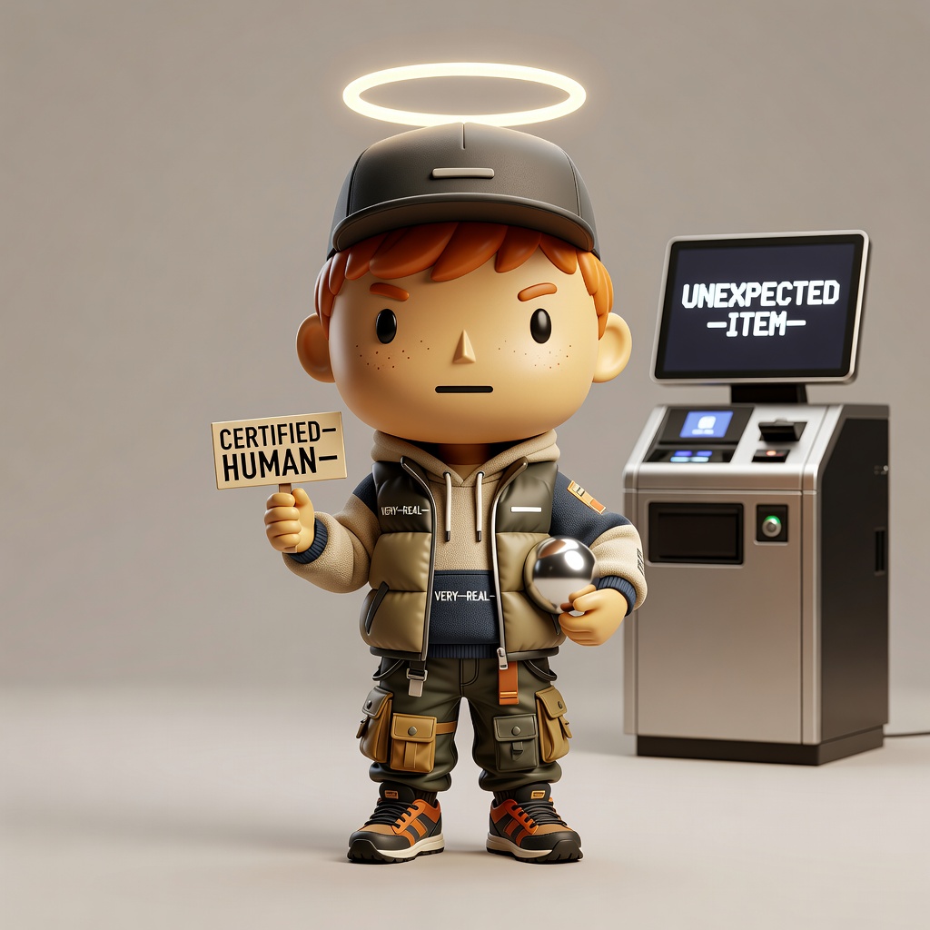 Production sample: OpenAl unit holding a CERTIFIED—HUMAN— sign at a self-checkout.